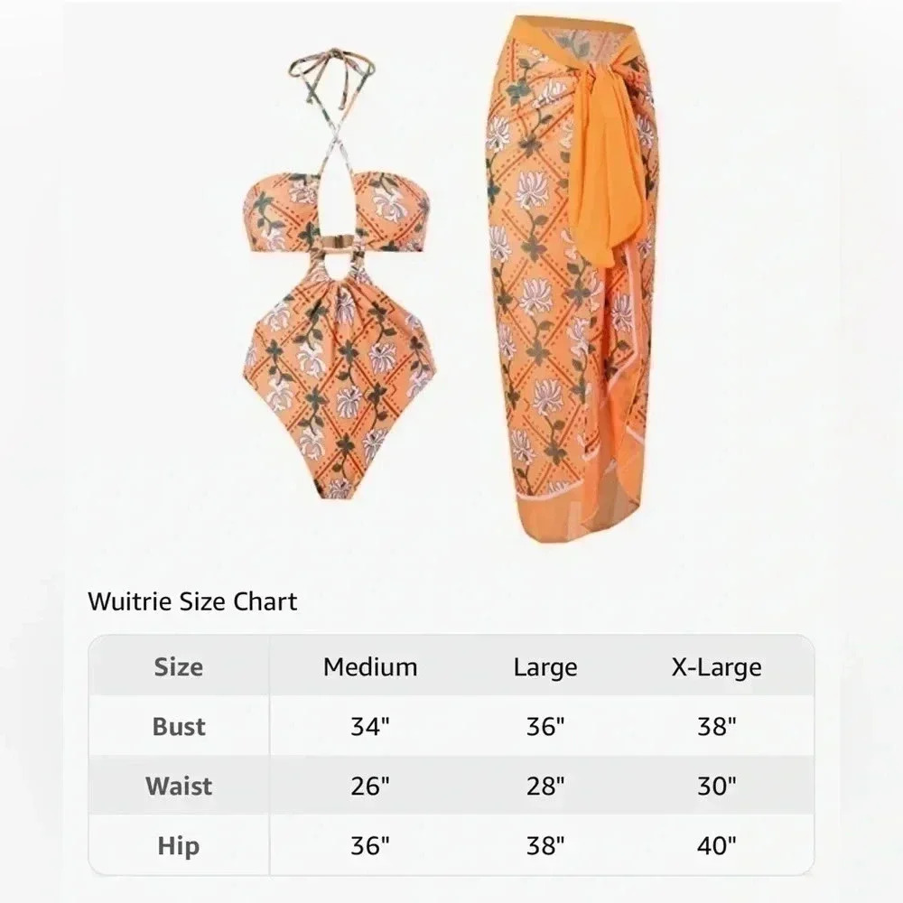 One Piece Swimsuit With Cover Up Sarong, Cut Out Swimsuit With Coverup Sarong - Picture 5 of 6